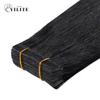 Close-up of (#1) Jet Black Narrow Mini Tape In Hair Extensions 