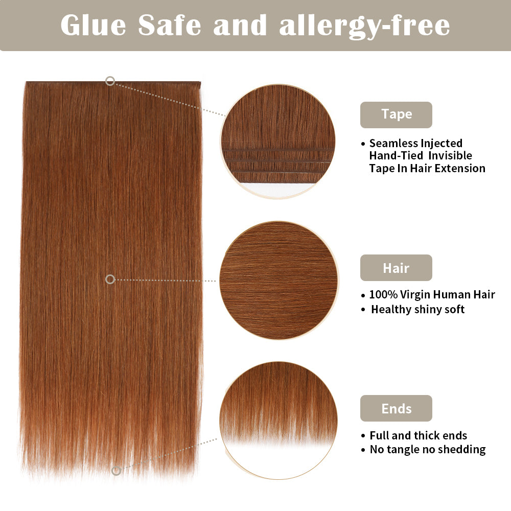 Details of (#33) Dark Auburn Tape Weft Extensions: Seamless Tape, Virgin Hair, Thick Ends