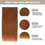 Details of (#33) Dark Auburn Tape Weft Extensions: Seamless Tape, Virgin Hair, Thick Ends