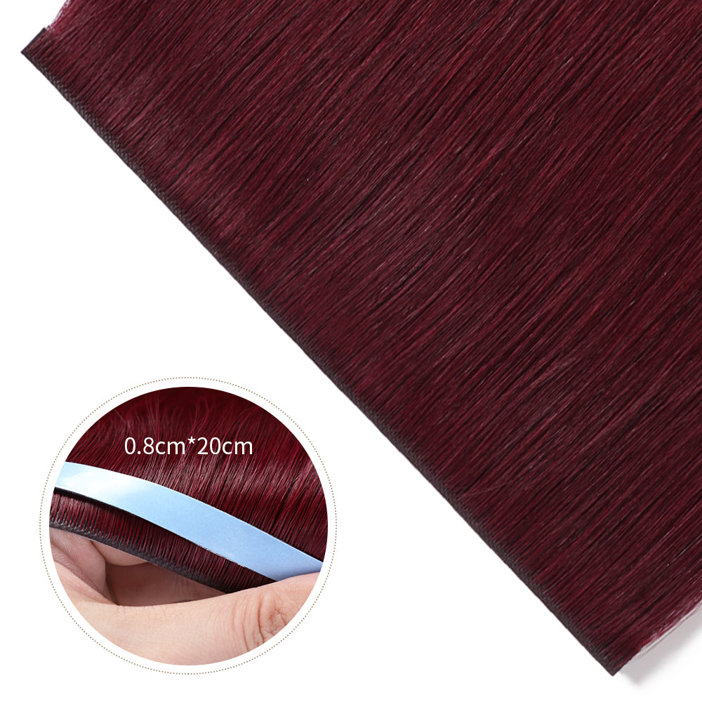 Close-up of (#99J) Burgundy Tape Weft Hair Extensions