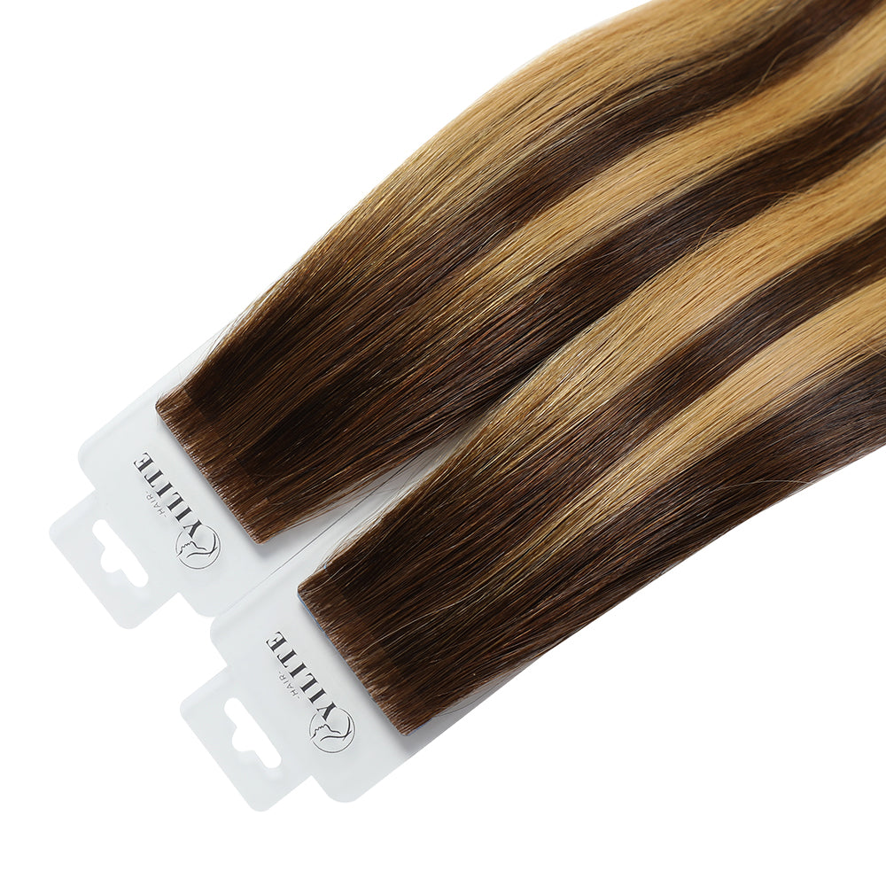 YiliteVip (#P4/27/T4) Chocolate Brown to Caramel Blonde Invisible Tape In Extensions 20Pcs