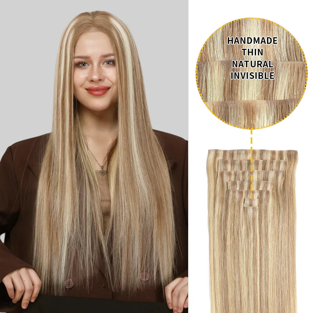 Model Wearing Seamless Clip Ins 7Pcs 16 Clips (#P18/613) Ash Blonde Highlights