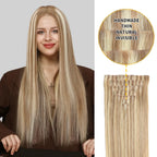 Model Wearing Seamless Clip Ins 7Pcs 16 Clips (#P18/613) Ash Blonde Highlights