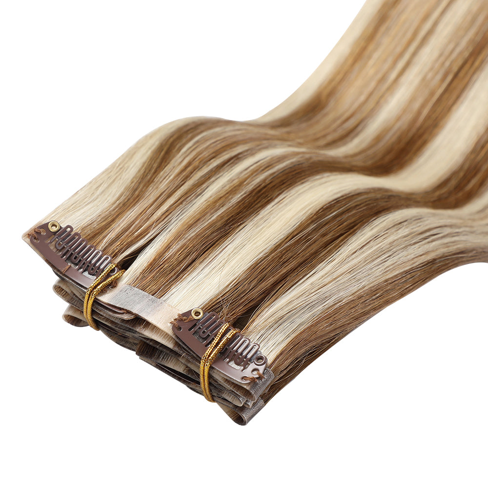 YiliteVip (#P8/60) Light Brown with Blonde Balayage Seamless Clip Ins 7Pcs