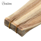 Close-up of (#P18/613) Ash Blonde Highlights Narrow Mini Tape In Hair Extensions 