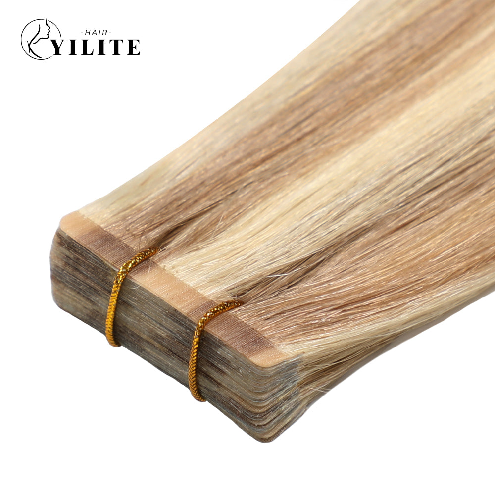 Close-up of (#P18/613) Ash Blonde Highlights Narrow Mini Tape In Hair Extensions 