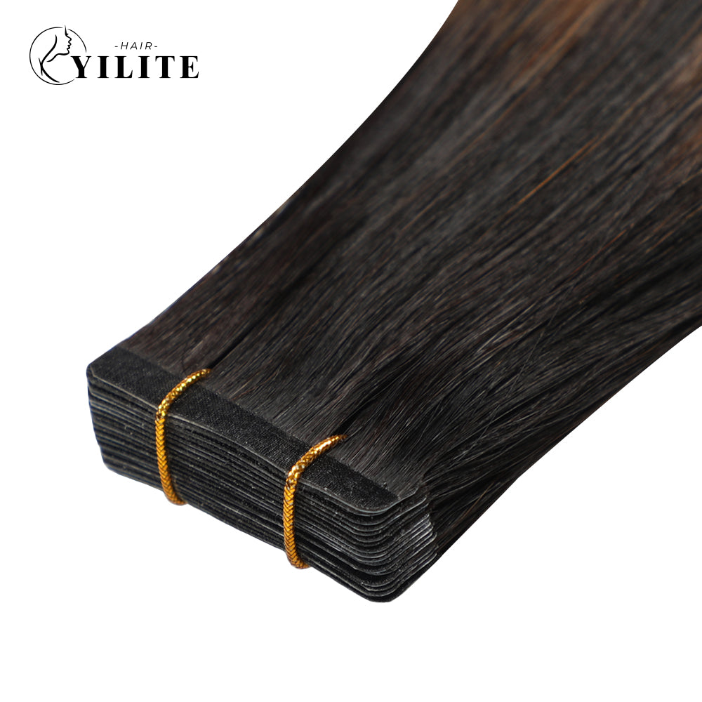Close-up of (#P1B/6/T1B) Natural Black Balayage Narrow Mini Tape In Hair Extensions 