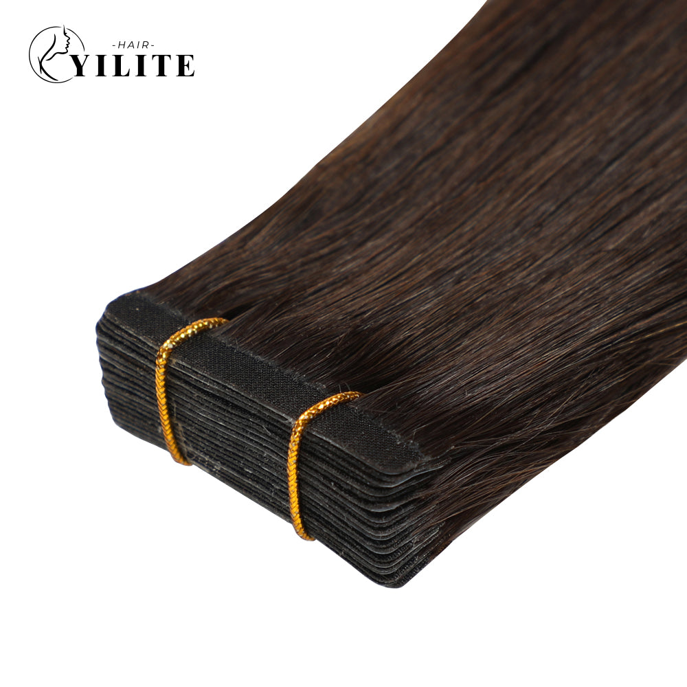 Close-up of (#2) Darkest Brown Narrow Mini Tape In Hair Extensions 