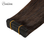 Close-up of (#2) Darkest Brown Narrow Mini Tape In Hair Extensions 