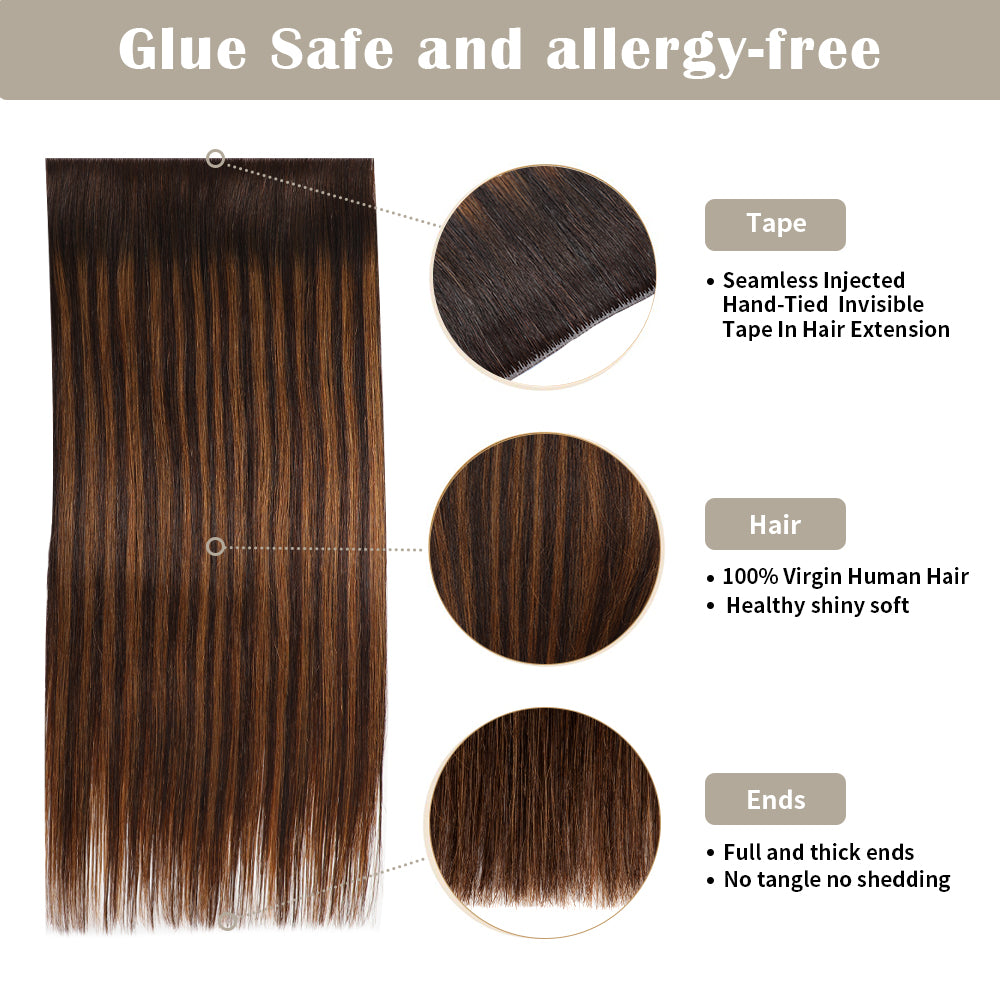 Details of (#P2/6/T2) Tape Weft Hair Extensions: Seamless Tape, Virgin Hair, Thick Ends