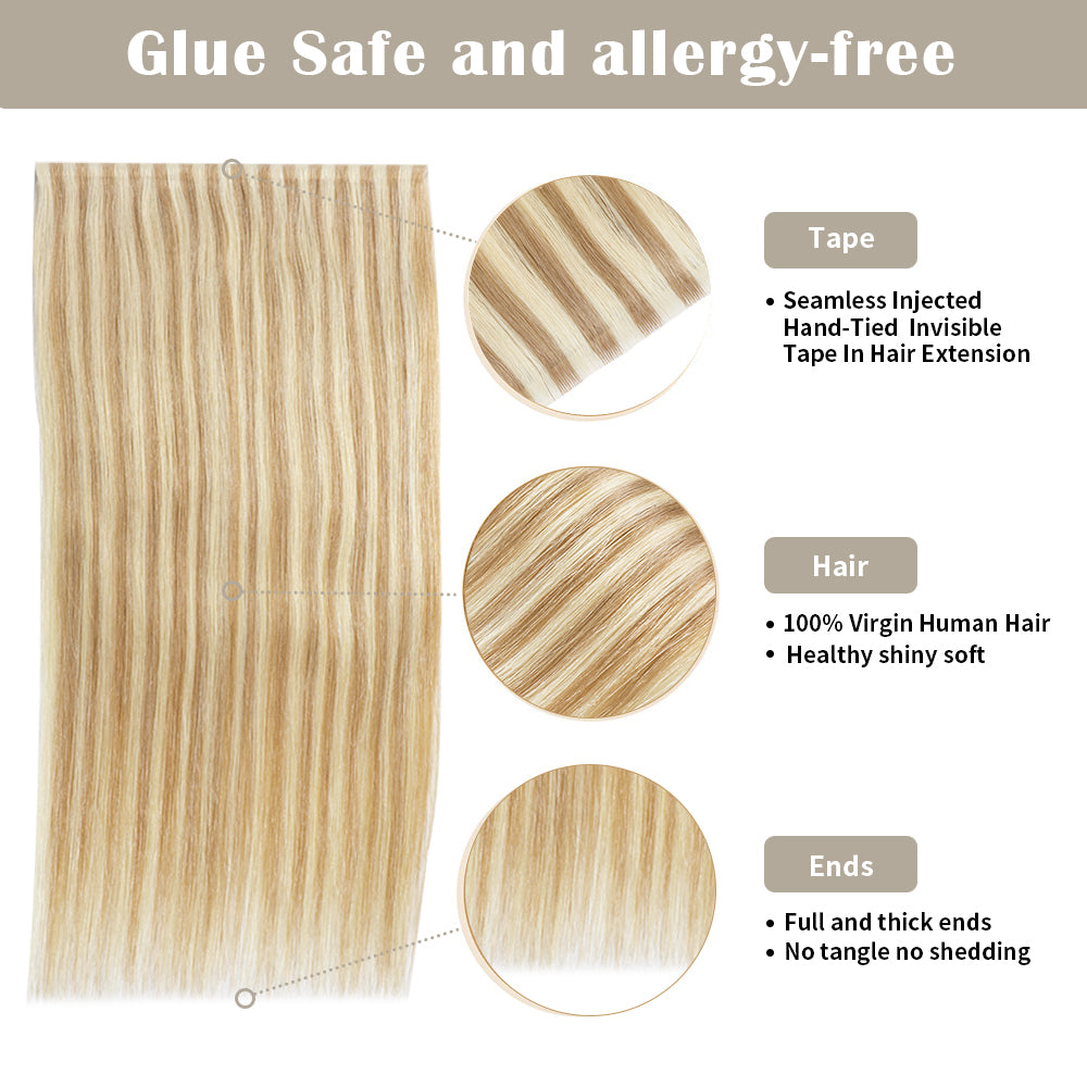Details of (#P18/613) Ash Blonde Highlights Tape Weft: Seamless Tape, Virgin Hair, Thick Ends