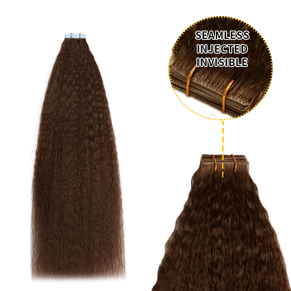 (#4) Chocolate Brown Kinky Straight Invisible Tape Ins 20Pcs