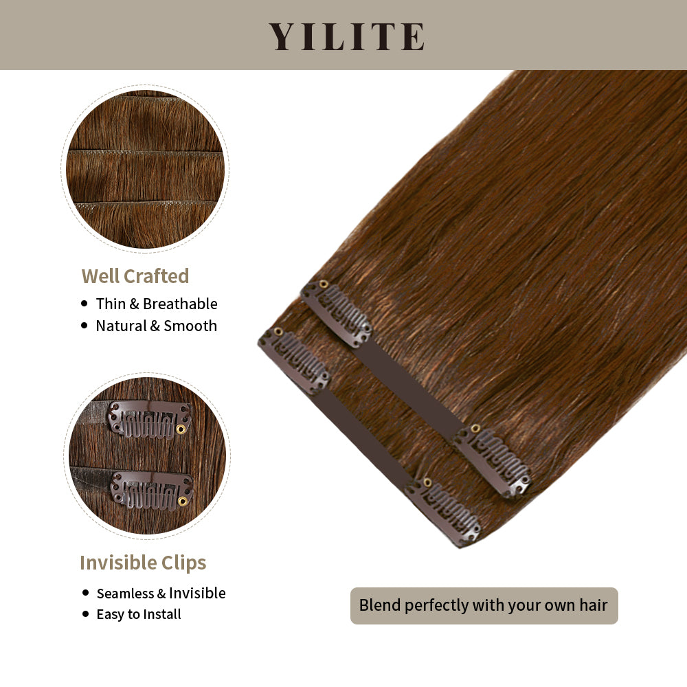 Clip In Hair Pads (2 Pieces) with Front View Thumbnail and Close-up of Clips (#6) Chestnut Brown