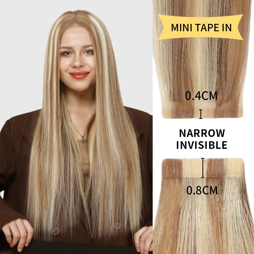 Model Wearing (#P18/613) Ash Blonde Highlights Narrow Mini Tape In Hair Extensions 