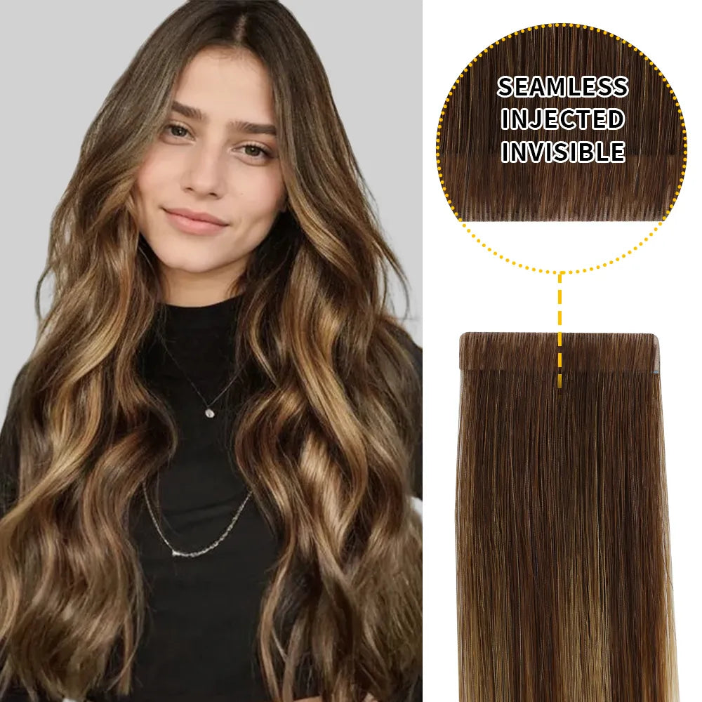 YiliteVip (#P4/27/T4) Chocolate Brown to Caramel Blonde Invisible Tape In Extensions 20Pcs