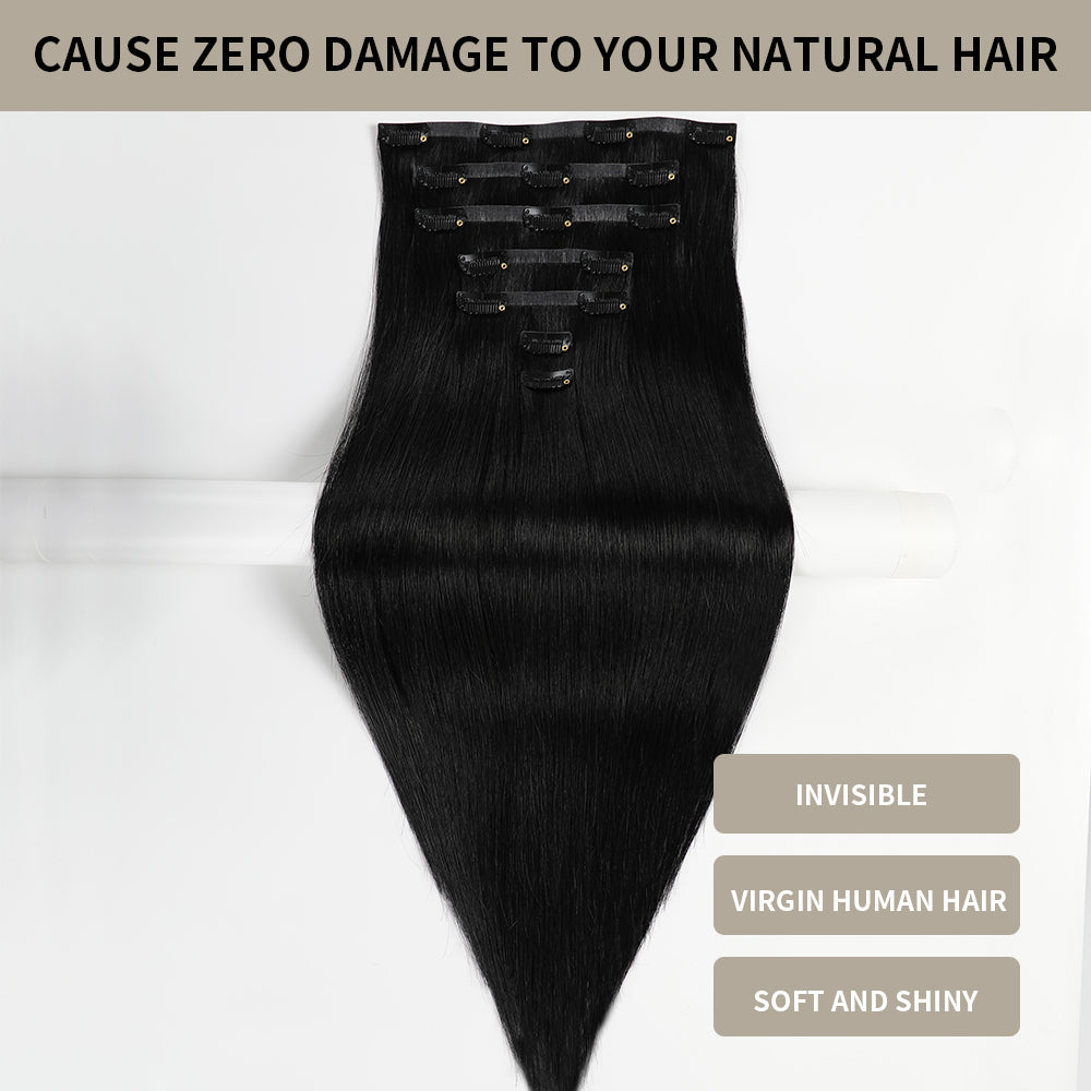 (#1) Jet Black Seamless Clip-In Extensions with Invisible Clips, Virgin Human Hair