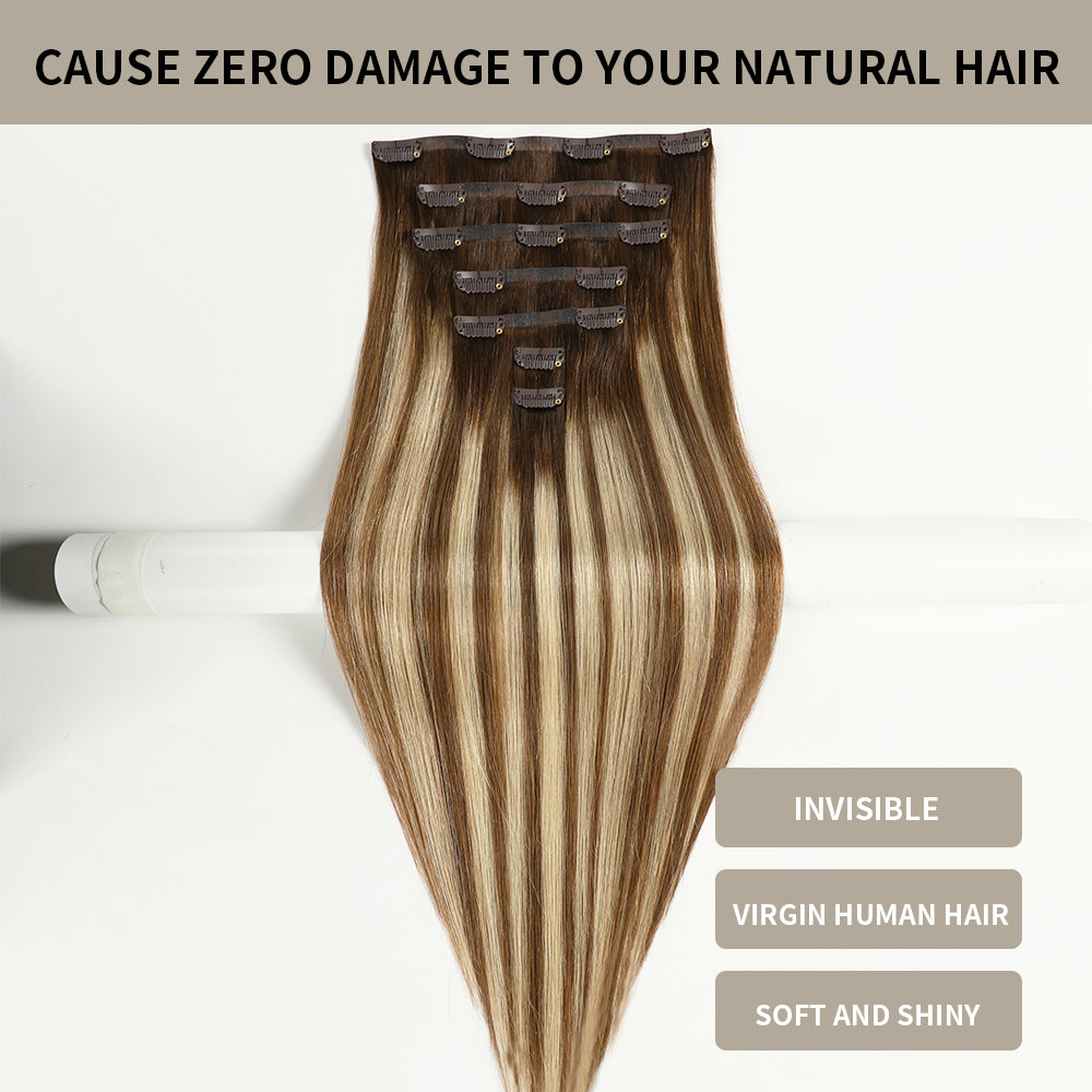 (#P6/613/T4) Seamless Clip-In Extensions with Invisible Clips, Virgin Human Hair