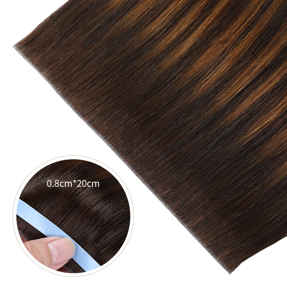 Close-up of (#P2/6/T2) Darkest Brown Balayage Tape Weft Hair Extensions