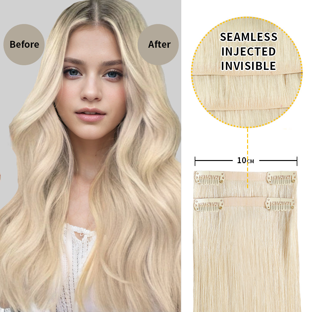 Before and After Wearing (#60) Platinum Blonde Seamless Clip In Hair Pads, 10cm Wide Piece
