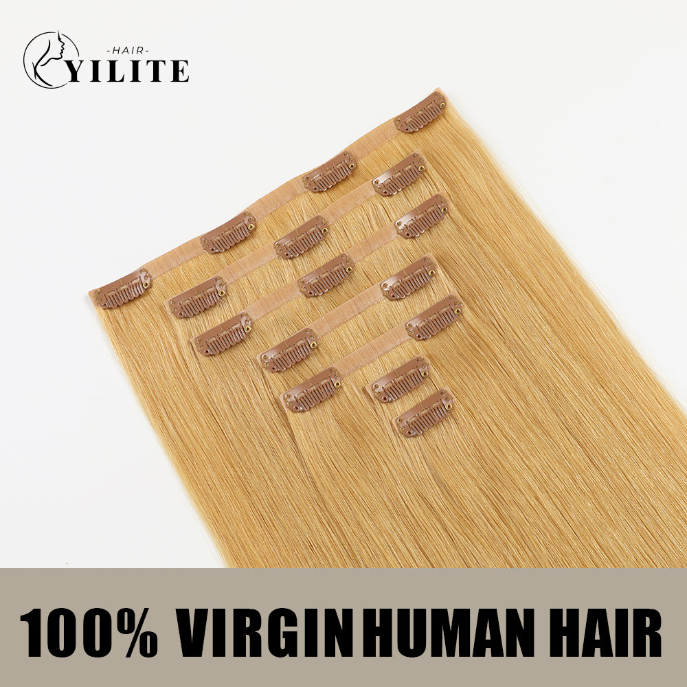 Back View of Seamless Clip Ins  7Pcs 16 Clips Virgin Human Hair (#27) Strawberry Blonde