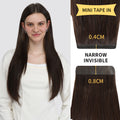 Model Wearing (#2) Darkest Brown Narrow Mini Tape In Hair Extensions 