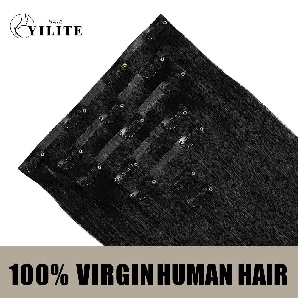 Back View of Seamless Clip Ins 7Pcs 16 Clips Virgin Human Hair (#1) Jet Black