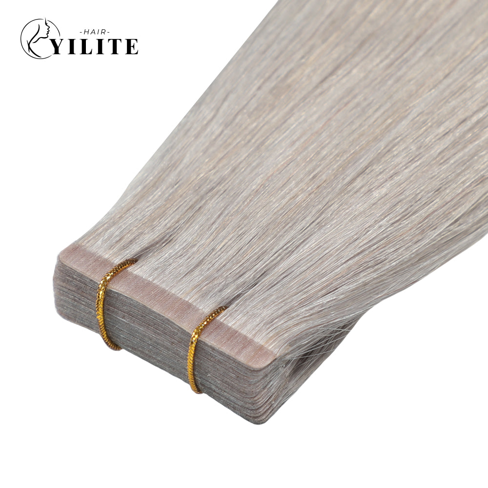 Close-up of Silver Narrow Mini Tape In Hair Extensions 