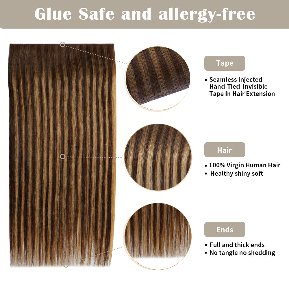 Details of (#P4/27/T4) Tape Weft Hair Extensions: Seamless Tape, Virgin Hair, Thick Ends