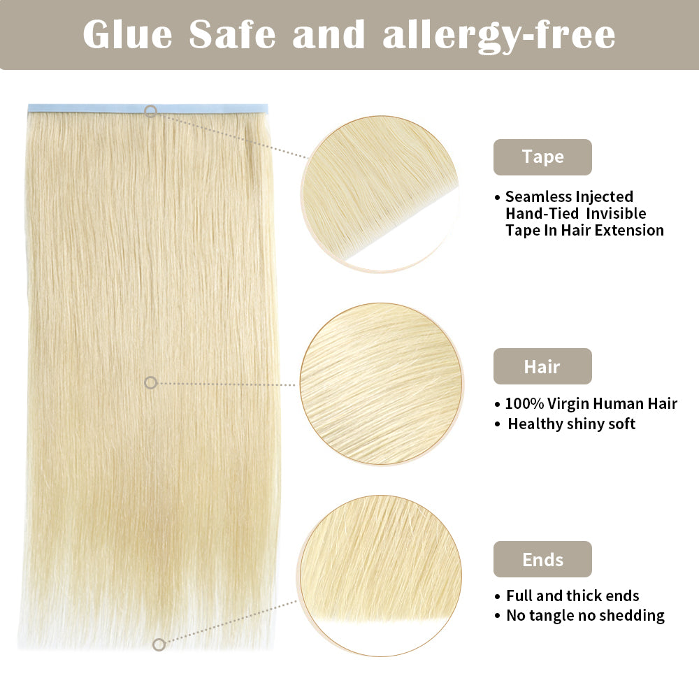Details of (#60) Platinum Blonde Tape Weft Extensions: Seamless Tape, Virgin Hair, Thick Ends