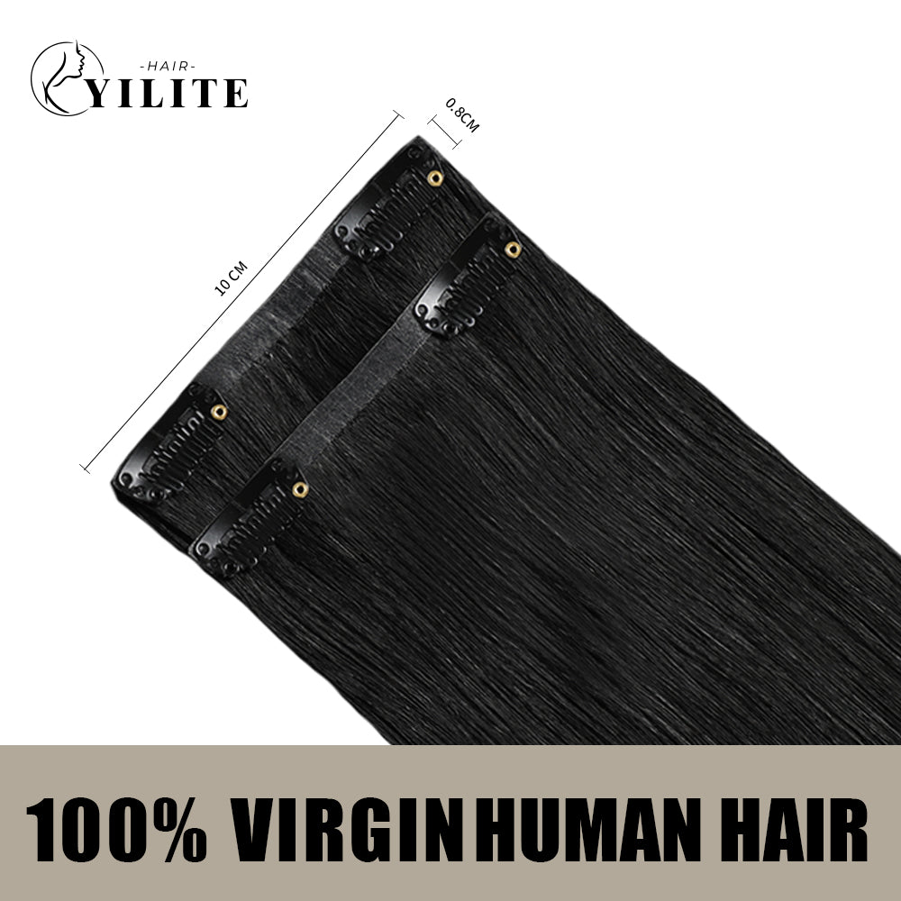 Back View of 2 Clip In Hair Pads with 2 Clips Each, 100% Virgin Human Hair In Color (#1) Jet Black