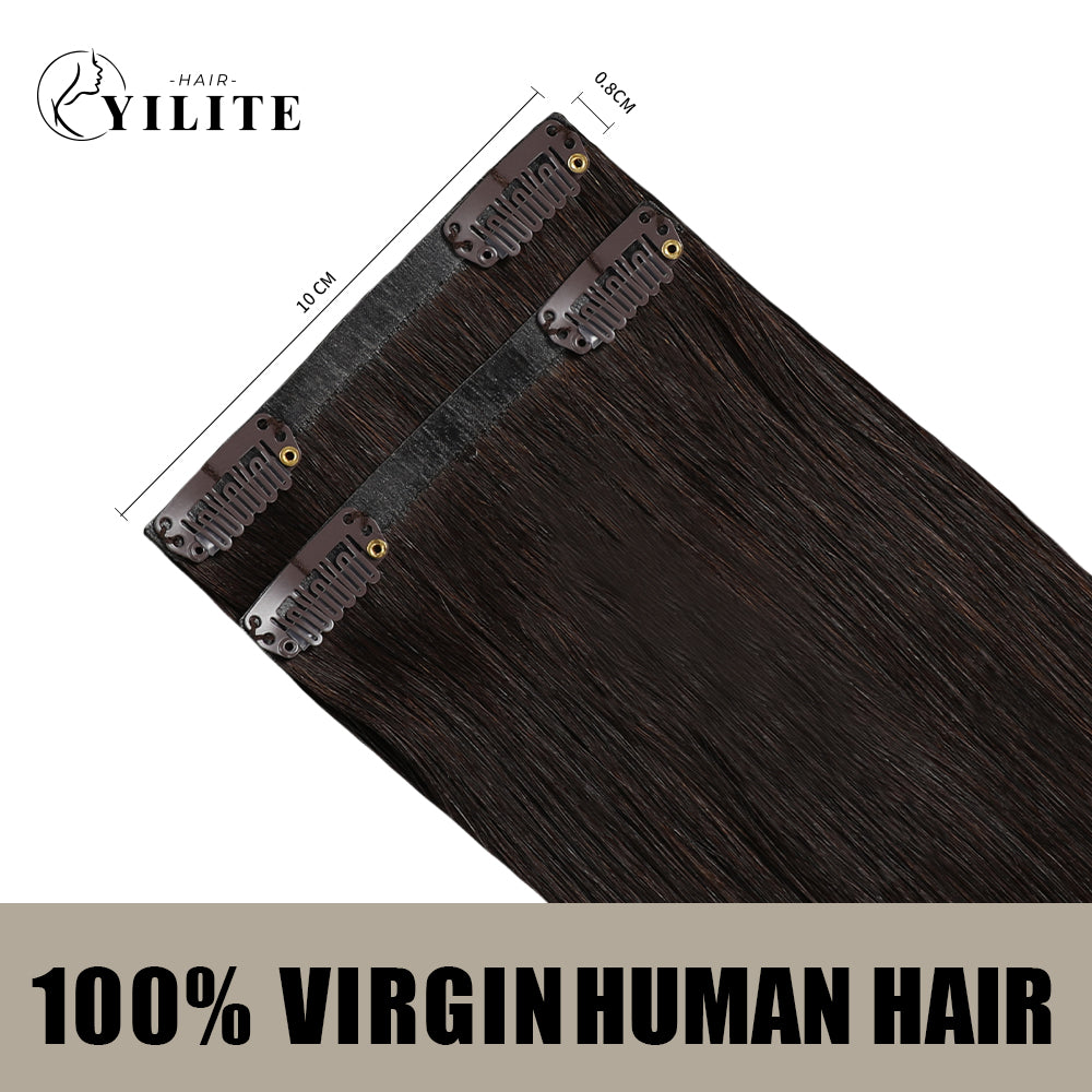 Back View of 2 Clip In Hair Pads with 2 Clips Each, Virgin Human Hair In Color (#2) Darkest Brown