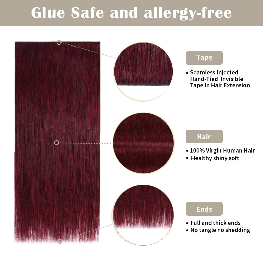 Details of (#99J) Burgundy Tape Weft Hair Extensions: Seamless Tape, Virgin Hair, Thick Ends