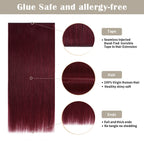 Details of (#99J) Burgundy Tape Weft Hair Extensions: Seamless Tape, Virgin Hair, Thick Ends