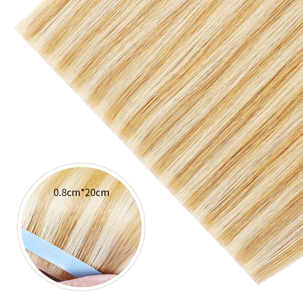 Close-up of (#P27/613) Strawberry Blonde Bleach Blonde Tape Weft Hair Extensions