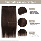 Details of (#2) Darkest Brown Tape Weft Extensions: Seamless Tape, Virgin Hair, Thick Ends
