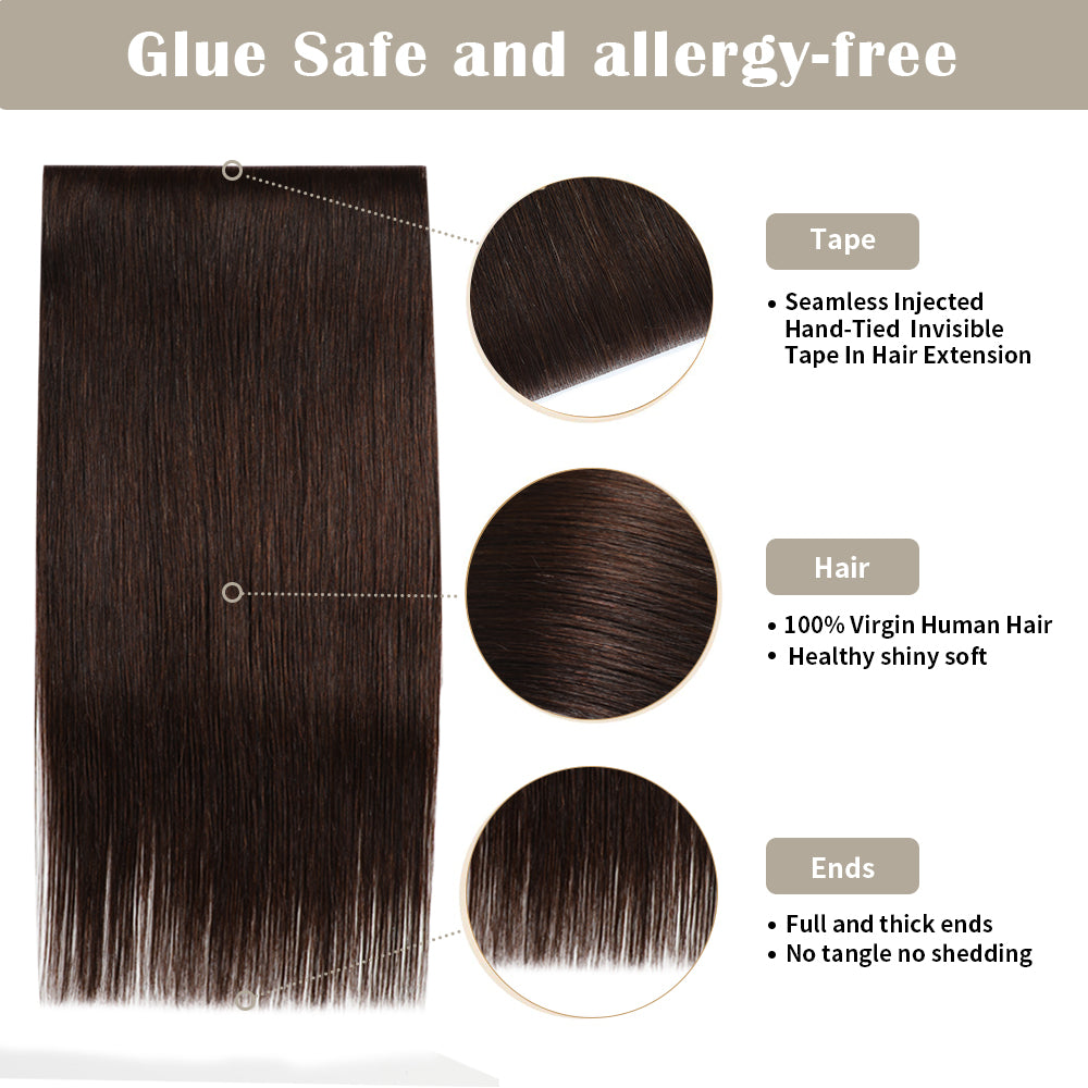 Details of (#2) Darkest Brown Tape Weft Extensions: Seamless Tape, Virgin Hair, Thick Ends