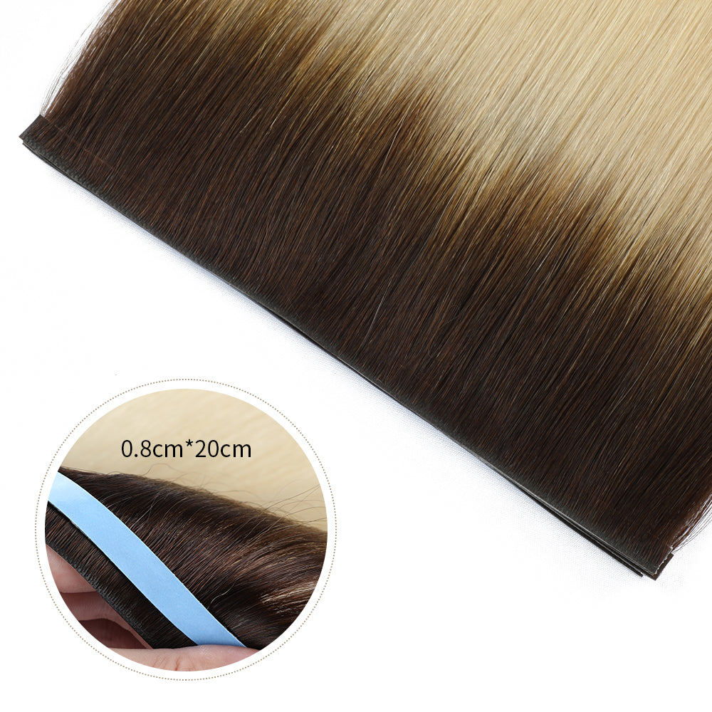 Close-up of (#T2/60) Darkest Brown to Platinum Blonde Tape Weft Hair Extensions