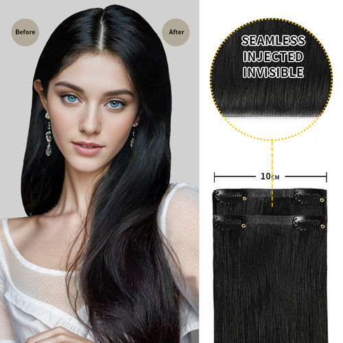 Before and After Wearing (#1) Jet Black Seamless Clip In Hair Pads, 10cm Wide Piece