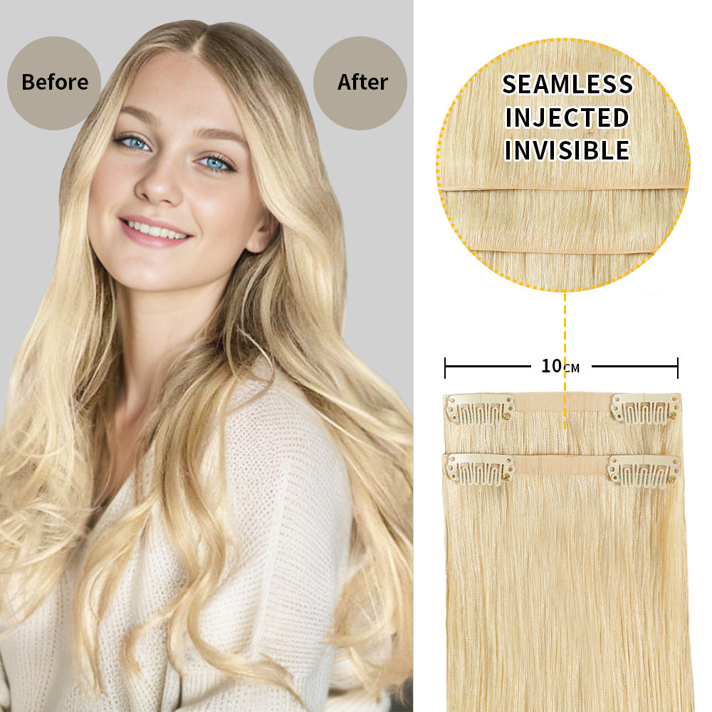 Before and After Wearing (#613) Bleach Blonde Seamless Clip In Hair Pads, 10cm Wide Piece