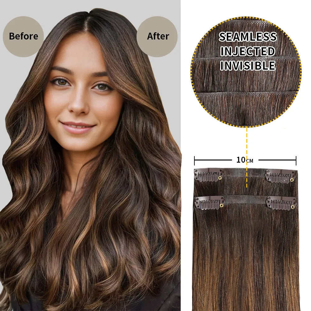 Before and After Wearing (#P2/6/T2) Seamless Clip In Hair Pads, 10cm Wide Piece