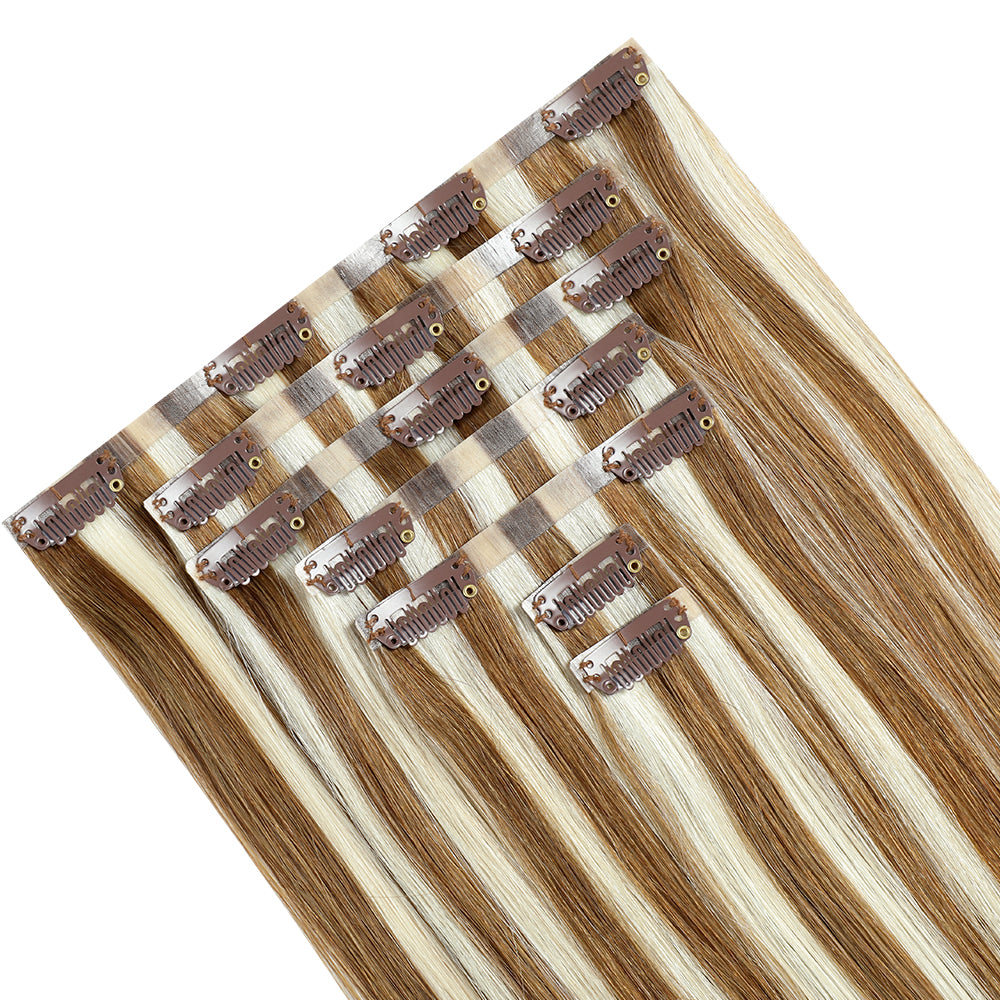 YiliteVip (#P8/60) Light Brown with Blonde Balayage Seamless Clip Ins 7Pcs