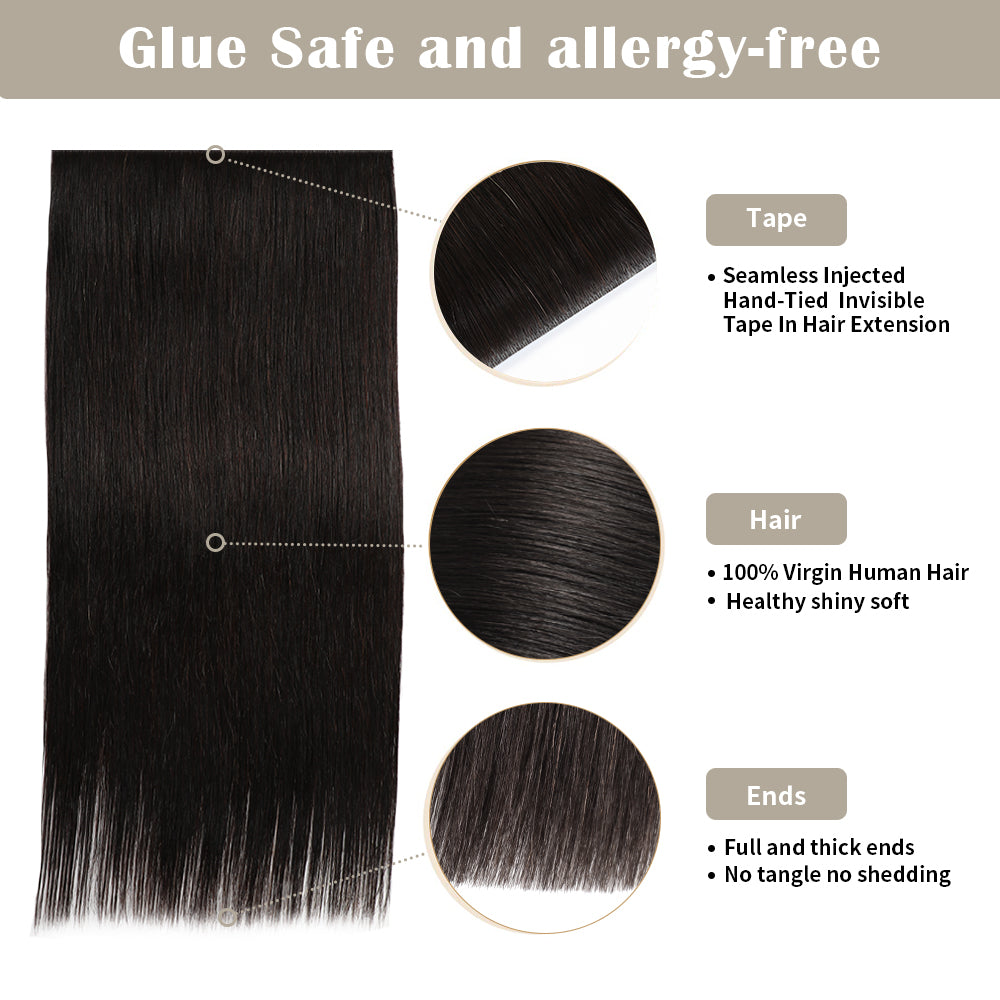 Details of (#1B) Natural Black Tape Weft Extensions: Seamless Tape, Virgin Hair, Thick Ends