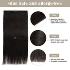 Details of (#1B) Natural Black Tape Weft Extensions: Seamless Tape, Virgin Hair, Thick Ends