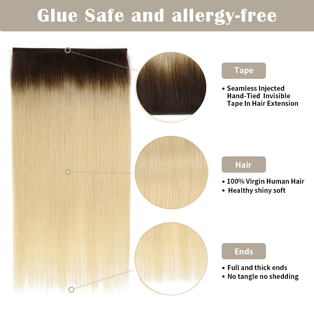 Details of (#T2/60) Tape Weft Hair Extensions: Seamless Tape, Virgin Hair, Thick Ends