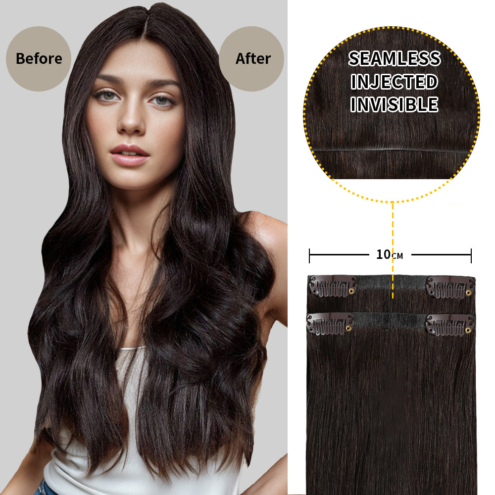 Before and After Wearing (#2) Darkest Brown Seamless Clip In Hair Pads, 10cm Wide Piece