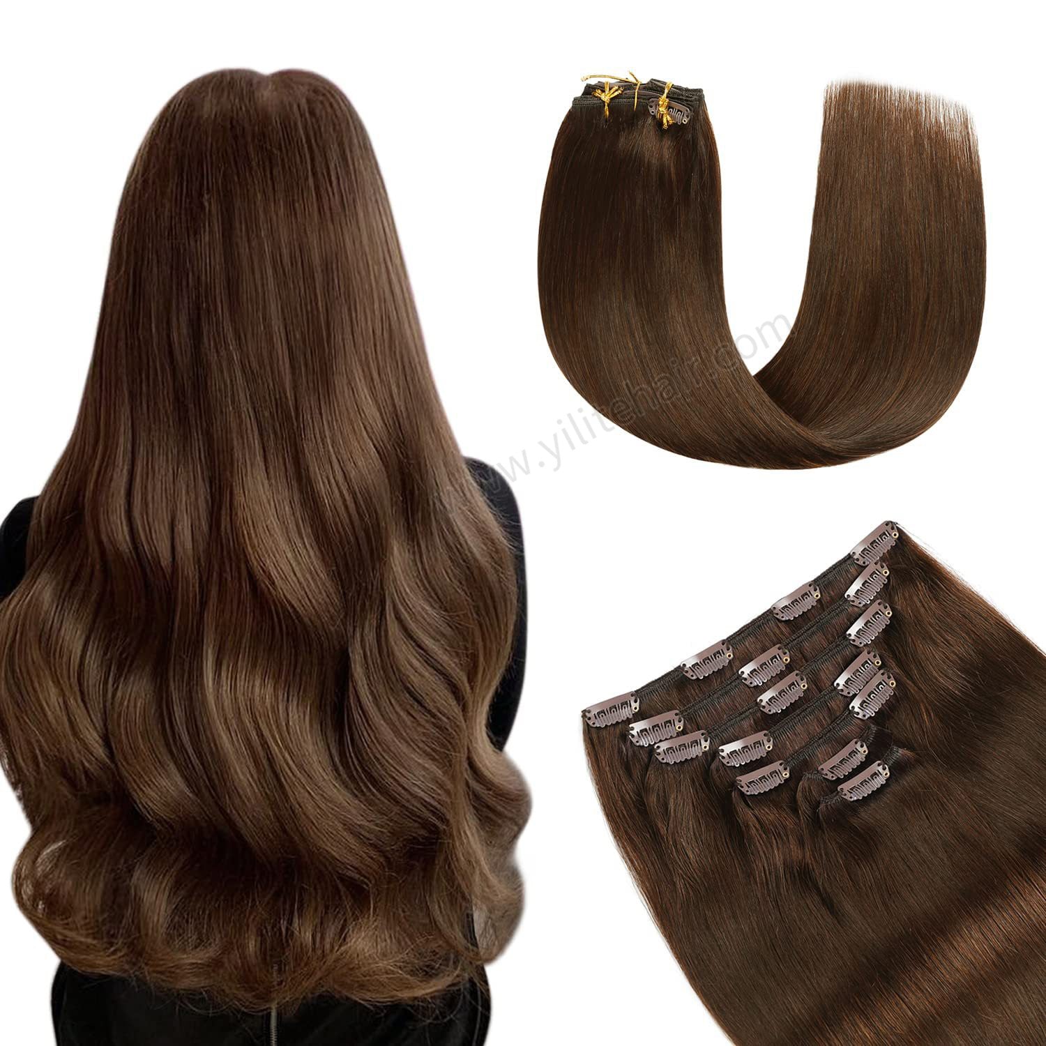 Back View of Model Wearing (#6) Chestnut Brown Classic Clip Ins