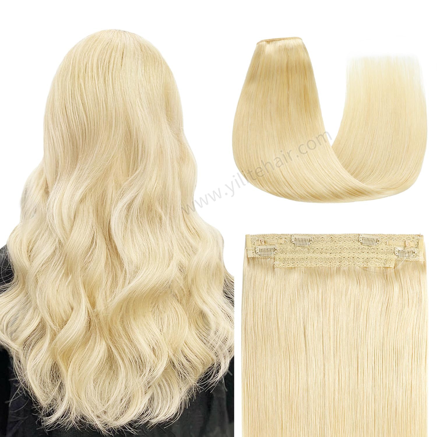 Back View of The Model Showing (#60) Platinum Blonde Wire Extensions 