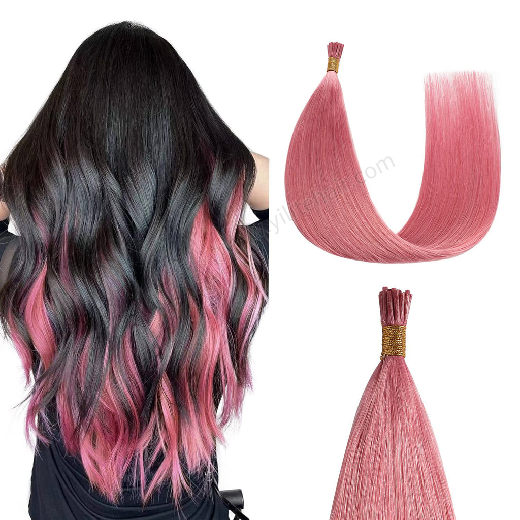 Back View of Model Wearing Hot Pink I Tip Extensions Blended with Black Hair 