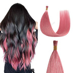 Back View of Model Wearing Hot Pink I Tip Extensions Blended with Black Hair 