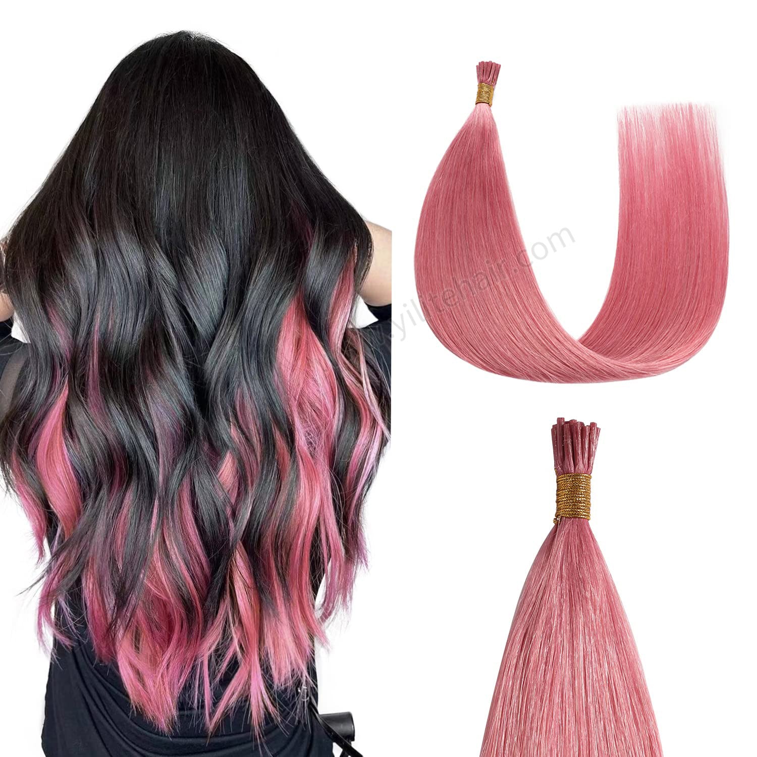 Back View of Model Wearing Hot Pink I Tip Extensions Blended with Black Hair 